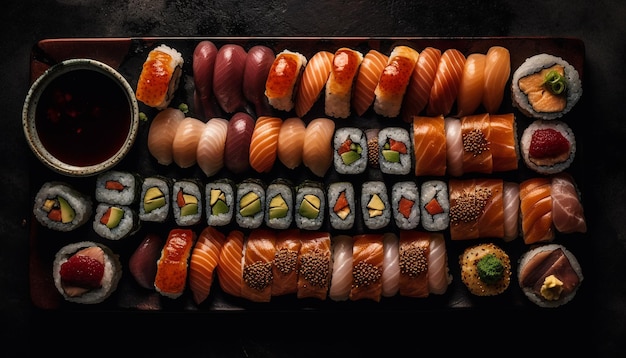 A gourmet seafood meal with fresh sushi rolls and sashimi generated by AI