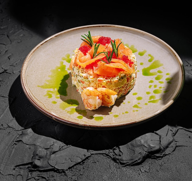gourmet seafood salad elegantly plated with vibrant garnishes