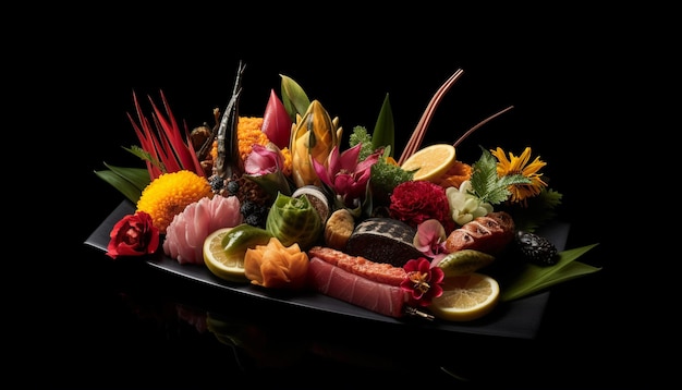 Gourmet seafood sashimi plate with fresh vegetables generated by AI