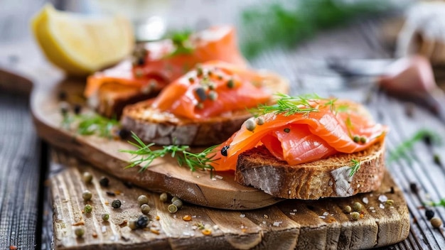 Photo gourmet smoked salmon on toast garnished with fresh dill and spices