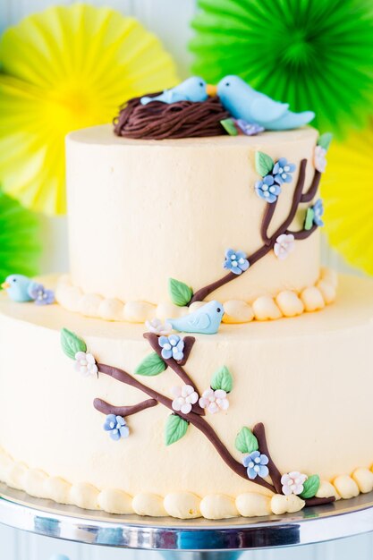 Gourmet Spring two layer cake with blue birds and spring flowers.