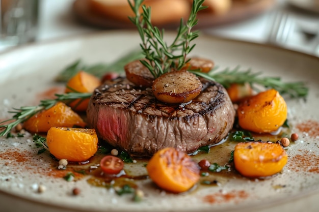 Gourmet steak met kruiden en geroosterde tomaten op een bord versierd met balsamische glazuur