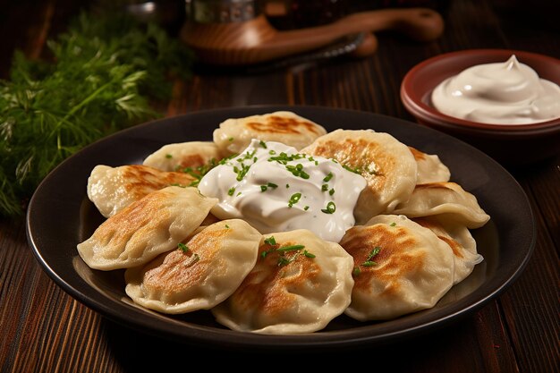 Gourmet taco pierogi in plate with fresh cilantro and beef generated by ai