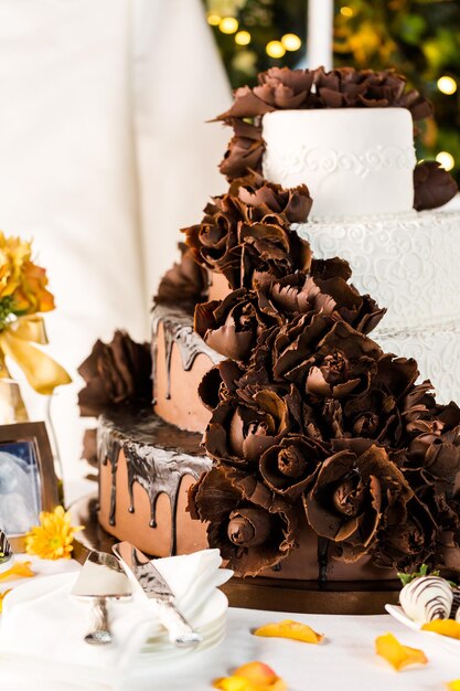 Gourmet tiered wedding cake at wedding reception.