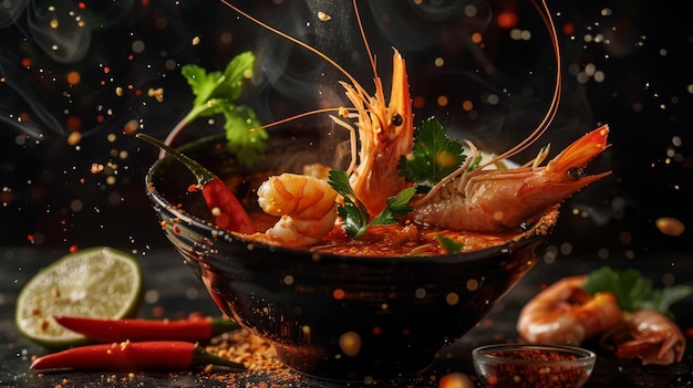 Gourmet Tom Yum Koong Creatively Levitating with Shrimp and Condiments in Air