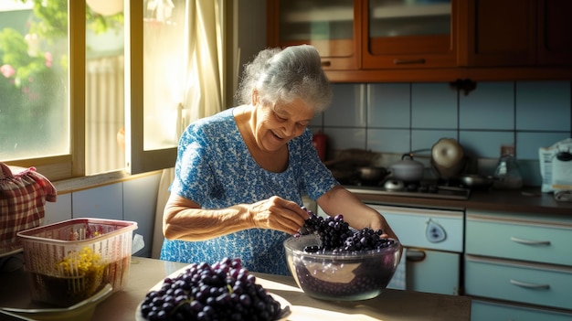 Photo gourmet tradition elderly woman preserving grape jam