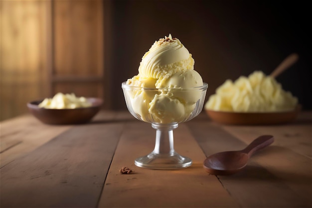 アイス クリーム パーラーのテーブルに置かれたガラスのボウルに入ったグルメ バニラ アイスクリーム AI が生成したフローズン デザート