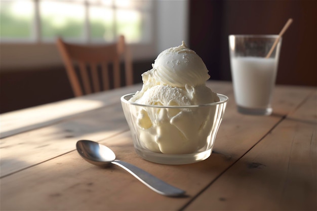 Gourmet vanilla ice cream in glass bowl on ice cream parlor table AI generated frozen dessert