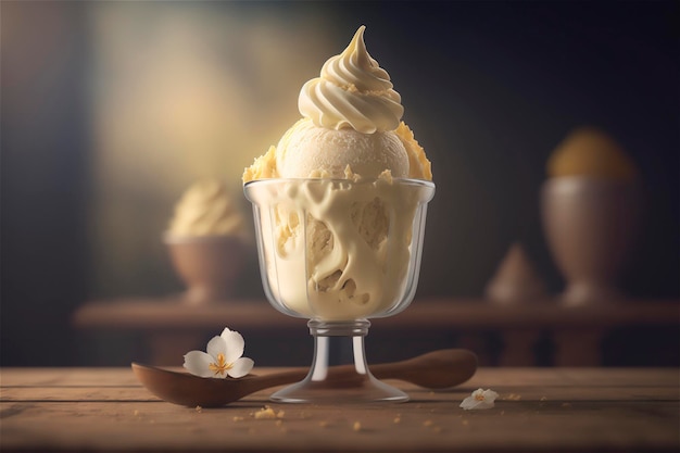 Gourmet vanilla ice cream in glass bowl on ice cream parlor table AI generated frozen dessert