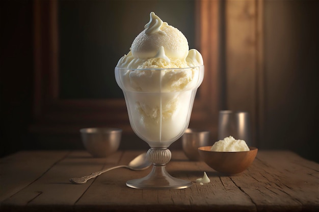 Gourmet vanilla ice cream in glass bowl on ice cream parlor table AI generated frozen dessert