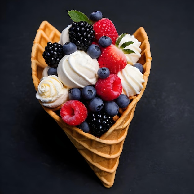 Gourmet Waffle Cone With Whipped Cream and Fresh Berries on a Dark Background