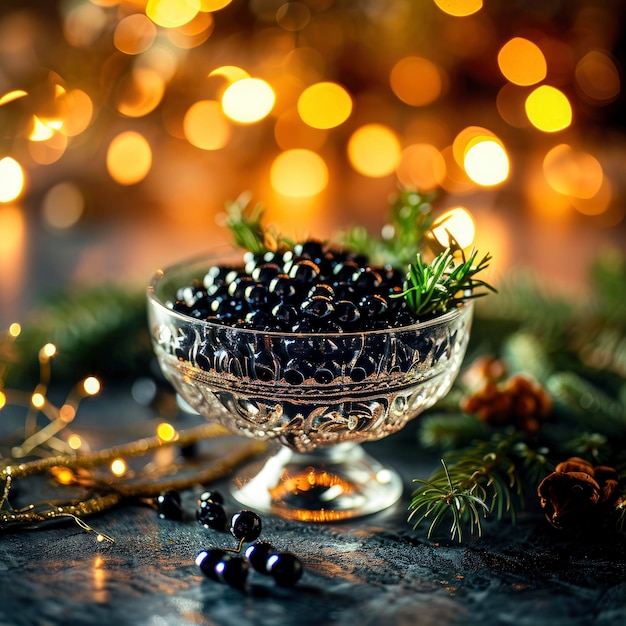 Gourmet zwarte kaviaar voorgerecht met decoratie op een feestelijke tafel