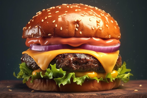 Gourmetburger close-up van een hamburger met kaas en verse groenten