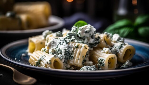 Gourmetmaaltijdbord van verse gezonde zelfgemaakte vegetarische pasta gegenereerd door kunstmatige intelligentie