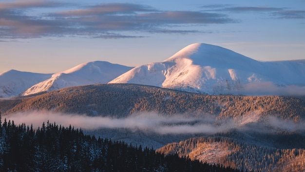 Montagna di inverno di goverla in neve ad alba