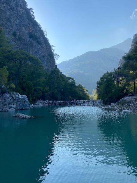 Goynuk Canyon, 터키, Kemer. 산과 푸른 호수의 전망