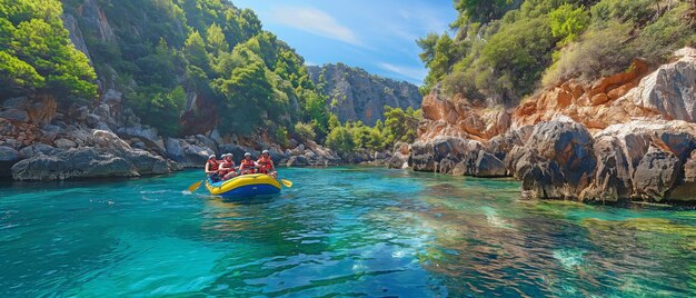 Photo at goynuk turkey individuals are rafting down the blue water canyon in inflatable boats