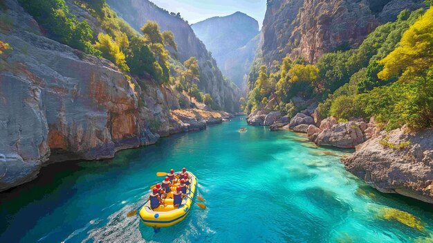 Photo at goynuk turkey individuals are rafting down the blue water canyon in inflatable boats