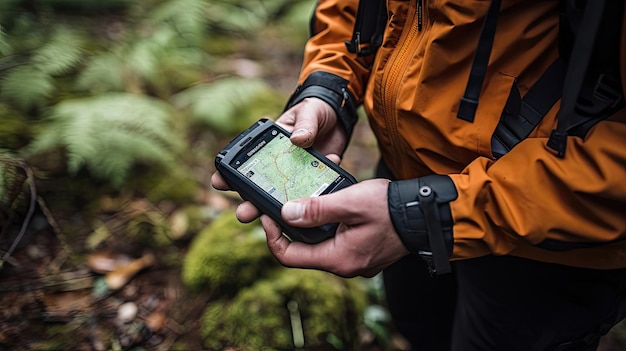 GPS-apparaat om een waypoint te markeren tijdens een geocaching-avontuur dat op reis gaat om een verborgen cache te vinden Gegenereerd door AI