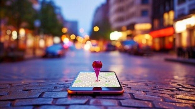 Gps-compatibele mobiele telefoon met navigatie-waypoints Generatieve AI met een wazige stadsachtergrond