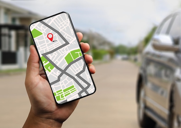 경로 목적지에 대한 GPS지도 네트워크 연결 위치 GPS 아이콘이있는 거리지도 탐색