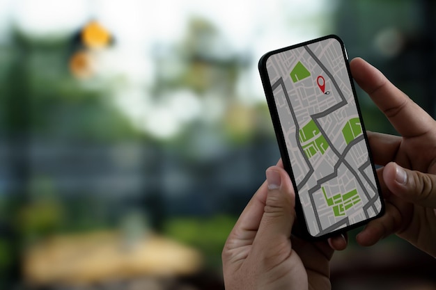 경로 목적지에 대한 GPS지도 네트워크 연결 위치 GPS 아이콘이있는 거리지도 탐색