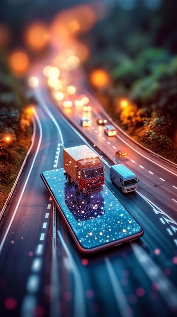 GPS-навигация на смартфоне с генеративным ИИ, изображающим дорожный трафик Вертикальные мобильные обои