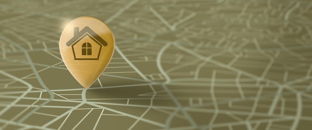 Карта улиц GPS-навигации со значком Golden Home Pin. Местоположение карты и булавки, концепция GPS для путешествий и навигации. 3D визуализация.