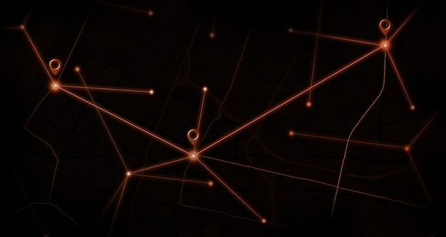 GPS.navigatorオレンジ色のグローピンモダンな黒の背景にモックマップ
