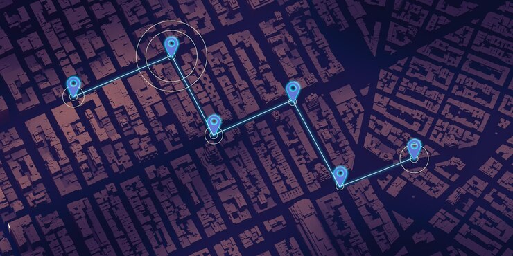 Photo gps pin background on map, city route travel and signal on the application 3d illustration