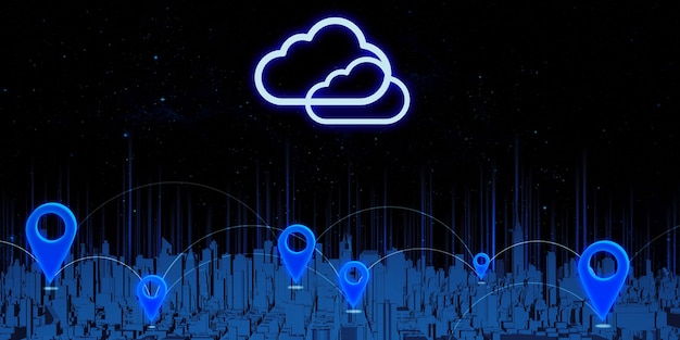 GPS-pinnen en satelliettransmissie Grote stad vol hoge gebouwen Coördinaten toewijzen op een navigatiekaart met 3D-afbeeldingen