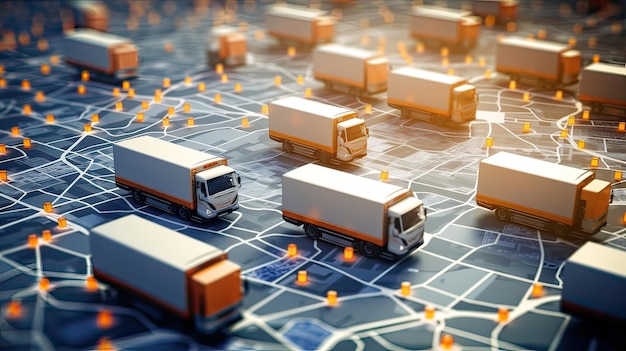 GPS-tracking van een vloot bestelwagens waardoor realtime monitoring van routeoptimalisatie en efficiënt logistiek beheer mogelijk is. Gegenereerd door A