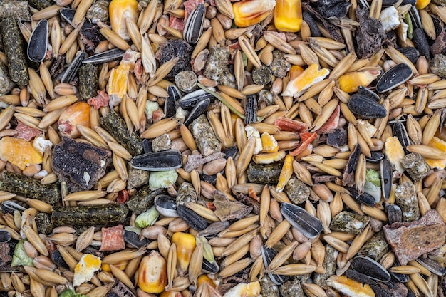 Foto graanmengsel van granen van tarwe, haver, mais en zonnebloempitten bestemd voor het voederen van dieren