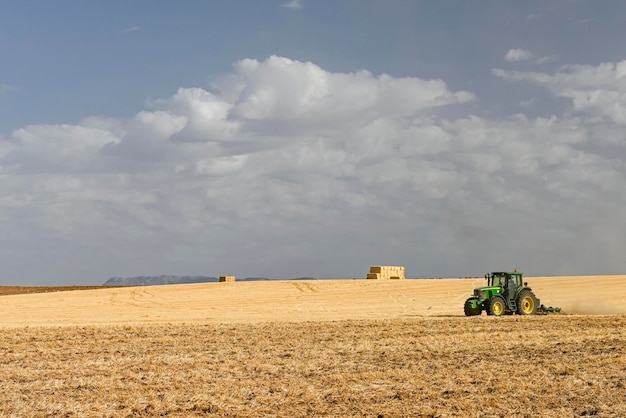 Graanveldlandschap na oogst Balen hooi in het veld