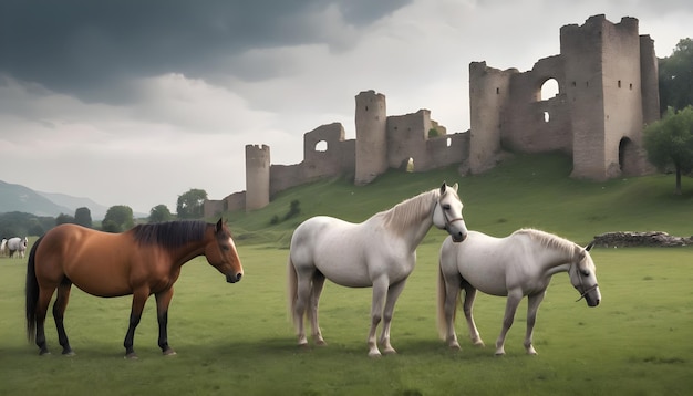 Graasende paarden met oude kasteelruïnes op de achtergrond