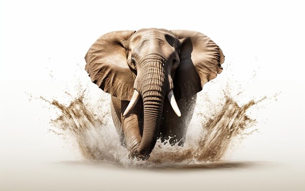 Graceful African Elephant Delighting in a Playful Water Soiree Isolated on White Background