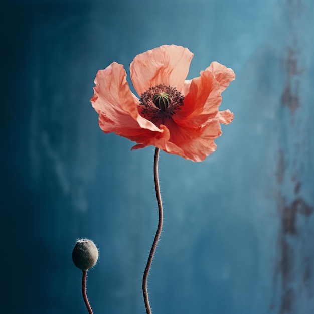 Graceful Balance Blurry Analog Photograph Of A Single Poppy On A Blue Wall