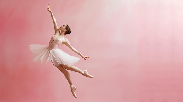 Graceful ballerina dancing in a pink background wearing a white tutu