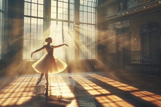 Photo a graceful ballerina dancing in a sunlit studio oc