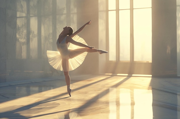 Photo a graceful ballerina dancing in a sunlit studio oc