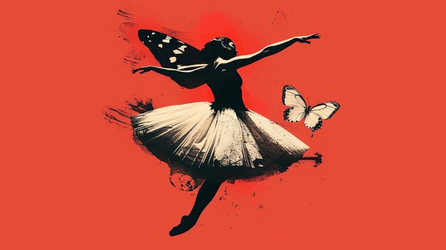 Фото Грациозная балерина танцует с бабочкой, движения танцовщиц легкие и воздушные, а ее туту течет.