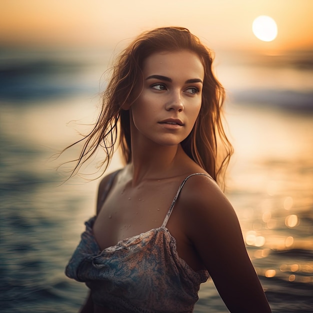 Graceful Ballerina Pose by Beautiful Young Woman Beach Sunset