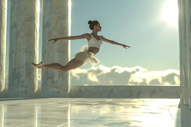 A graceful ballet dancer in midair leap