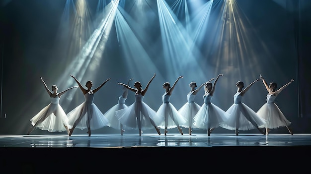 Graceful ballet dancers in white tutus perform a synchronized dance on a darkened stage with spotlights shining brightly