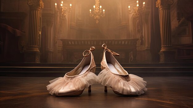 Фото Грациозные балетные туфли, тщательно расположенные на сцене, элегантная танцевальная одежда, художественная тонкость, обувь для танцев, созданная ии.