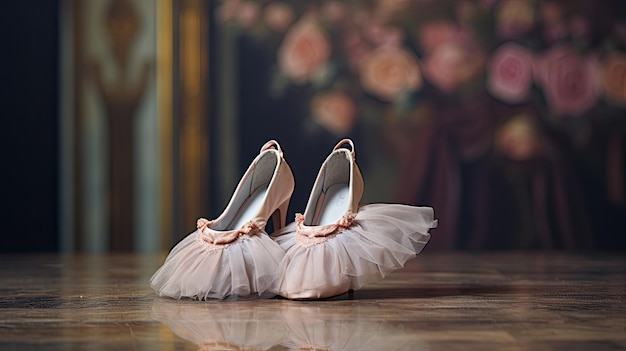 Фото Изящные балетные туфли деликатно размещены на сцене элегантная обувь танцевальные аксессуары художественная грация сгенерирована ии