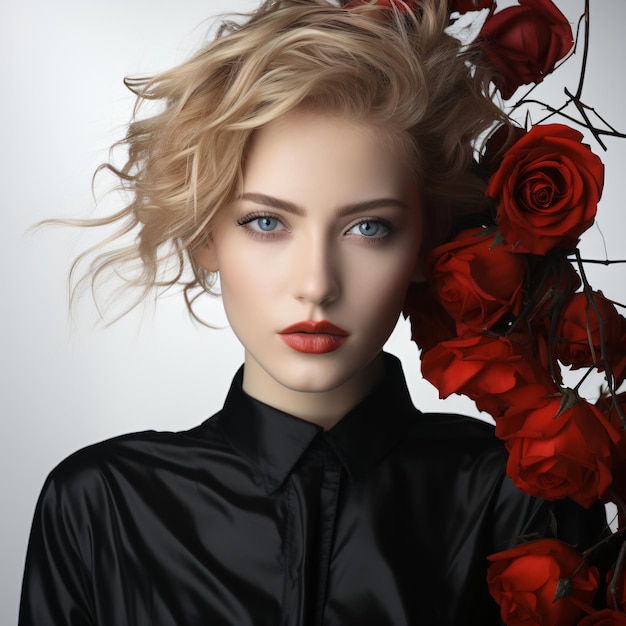 Graceful Beauty Portrait of Woman with Red Rose