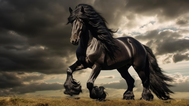 Graceful black horse with luxurious mane looks at camera