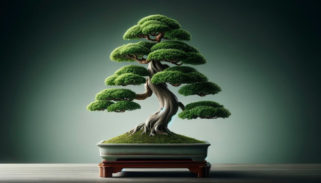 Graceful Bonsai Tree on Wooden Surface with Gradient Backdrop