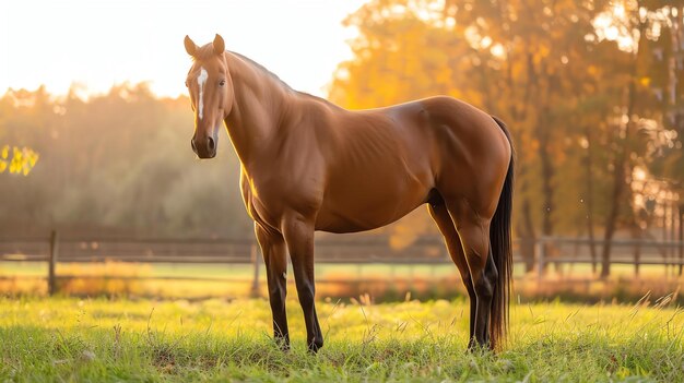 Photo graceful brown horse standing in a lush green field with a warm golden sunset in the background